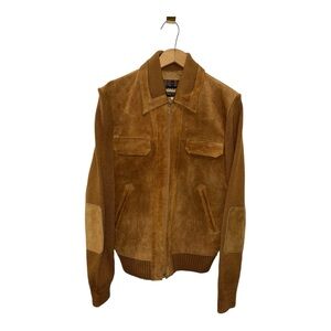 VTG 70s 80s Mac Taggart M Suede Bomber Jacket Brown Cowhide Knit Elbow Patch